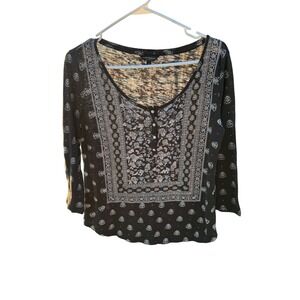 Lucky Brand Women's Small Long Sleeve Henley Boho Print Top
